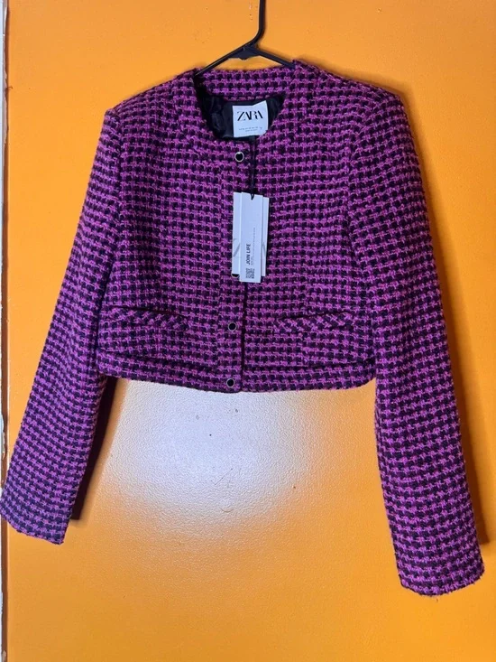 NWT ZARA Pink Houndstooth Cropped Fitted Tweed Jacket/ Blazer. Size M - Picture 8 of 14